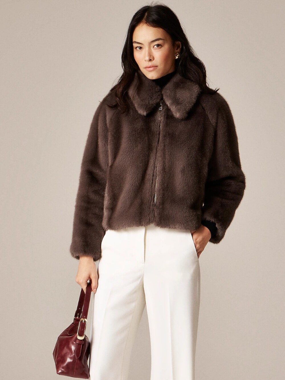 J. Crew Dark Brown Faux-Fur Teddy Zip Jacket Medium